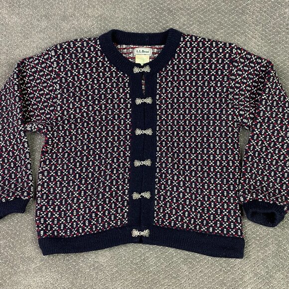 L.L. Bean Sweaters - Vintage LL Bean Cardigan Sweater Women's Medium Blue Red White Birdseye Norway
